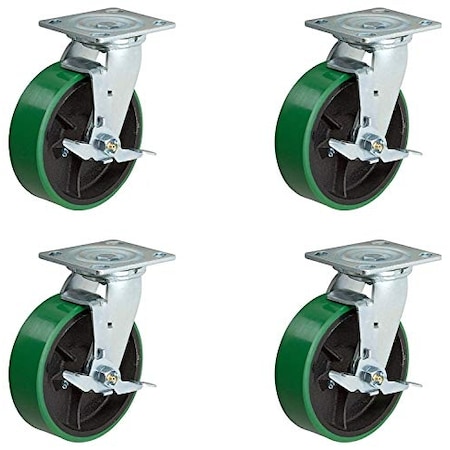 Casterhq 8"x2" Swivel Caster Set, Heavy Duty Green Polyurethane Wheel on Ste 8X2TBCSO4-1